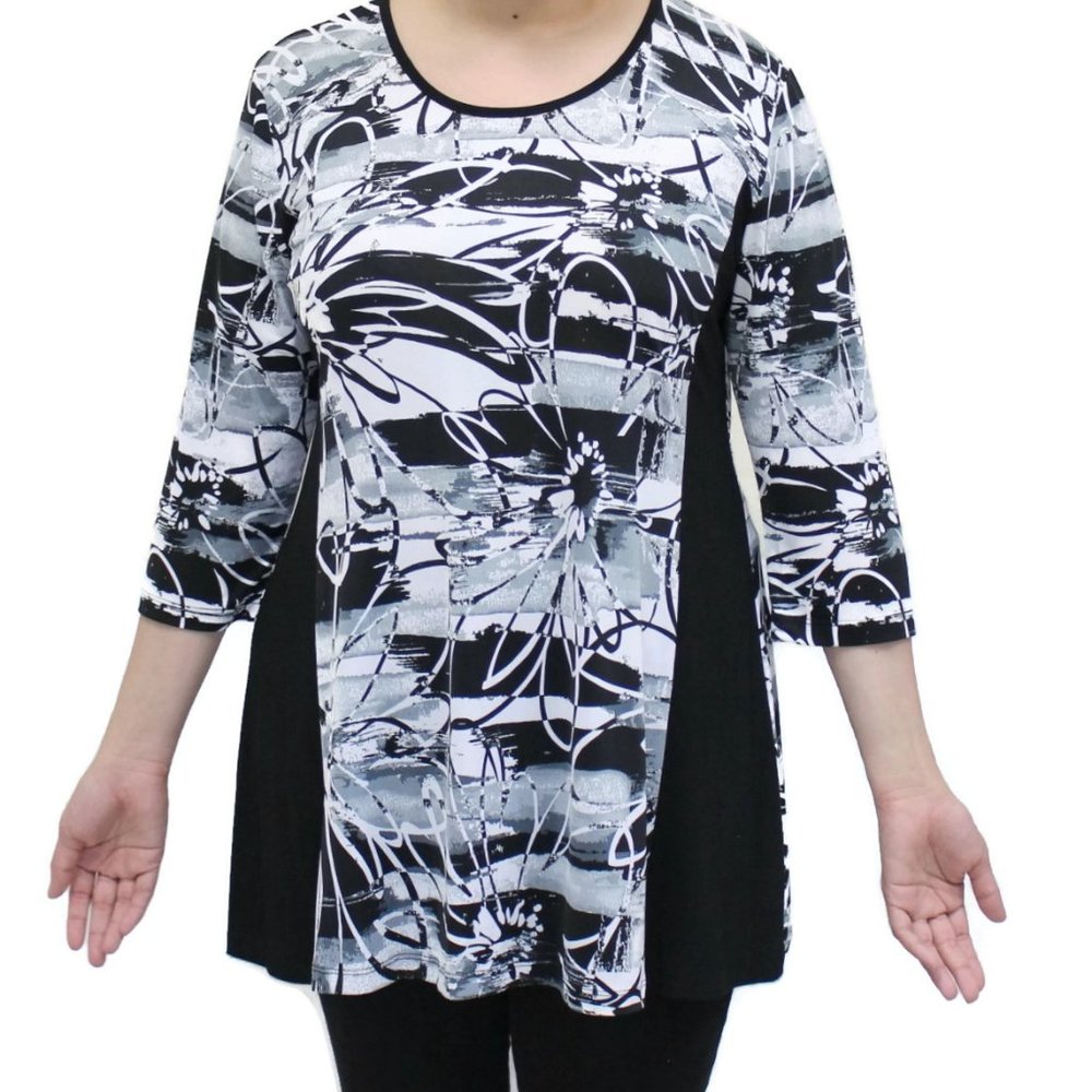 Caribe Black & White Floral Black Side Panel Tunic  Plus Size